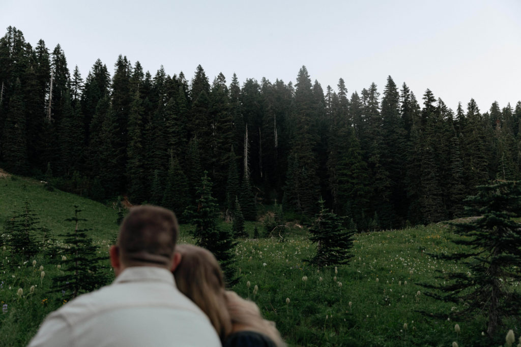 Couple gazing at a beautiful forest treeline view during an engagement session at sunset 