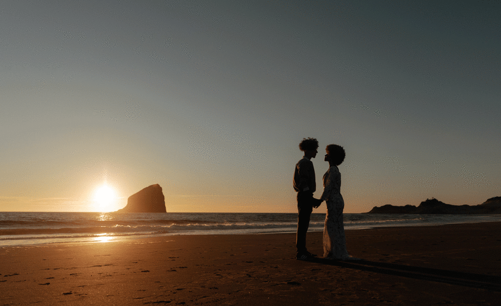 Couple exchanging vows at Cape Kiwanda Beach in Oregon at sunset 